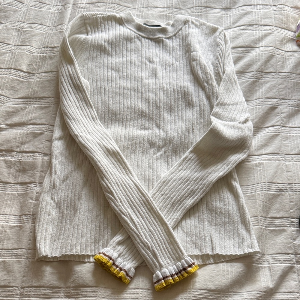 Women’s Cream Ribbed Long-Sleeve Sweater with Yellow Trim Ann Taylor XS